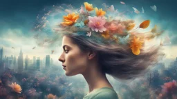 A magical secret on the top of a woman’s head, in her hair, double exposure, high resolution, fine rendering, high detail, 3D, flowers, a city on her head, fantasy, the wind blows her hair,