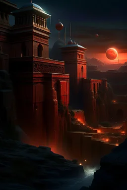 Distant view of an ancient walled city sitting in a canyon as viewed from the rim of the canyon, the city is lighted by torches placed along the walls with windows high upon the wall, One window has a scarlet cord draped out reaching the ground, the sky is dark and surrealistic with planets and moons on the horizon, the rim of the canyon has armored soldiers laying in wait while 2 spies work their way down to the outside of the city wall where the scarlet cord hangs from the window above a cross