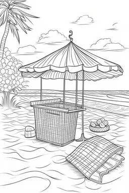 Outline art for coloring page, SQUARE WICKER PICNIC BASKET ON A RECTANGULAR BEACH TOWEL. UNDER A TALL BEACH UMBRELLA, HAWAII BEACH, coloring page, white background, Sketch style, only use outline, clean line art, white background, no shadows, no shading, no color, clear
