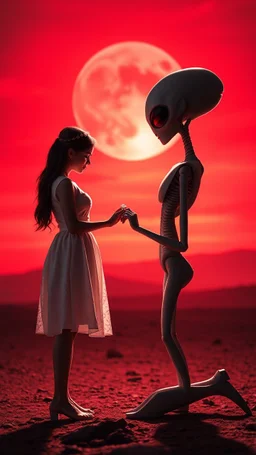 A beautiful girl standing in front of an alien, who is on his knees giving her a engagement ring with romantic themes background is a vivid red sky, and the lighting creates a dramatic and otherworldly atmosphere