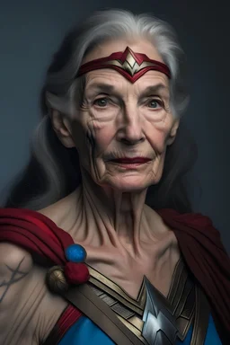 mujer de 70 años vestida como mujer maravilla en estilo hiper realista