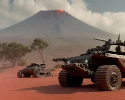 wide angke of Gi joe driving A White lunar armored rover with tracks and claw and orange, troops, volcano in background