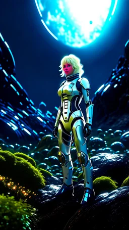 wide-angle Photo of a Sci-fi woman, with blond hair, wearing a silver and black spacesuit looking like an android, on an alien jungle planet