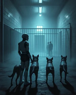 Bosch painting style, nightmare , three Ai robot prison guards with Ai robot dogs watching a human prisoners lined up in line one after another inside a prison yard great quality picture with cinematic scenes ,