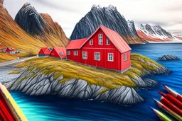 Colored pencil drawing, of the colorful nature of Lofoten Island in Norway, with a characteristic red houses, Ultra Realistic,