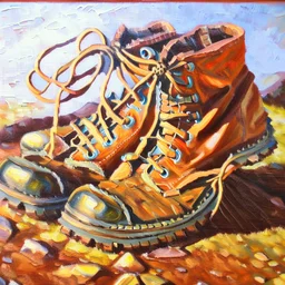 brown moutain shoes , art, oil drawing, bright,