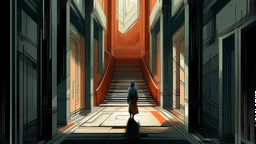 surreal architecture, labyrinthine structure, surrealism, deep perspective, stark shadows, geometric forms, windows framing distant doorways, a lone figure in a tan coat standing on stairs before an open doorway, rough textured walls, stone pathways, muted color palette with splashes of red and blue, dreamlike atmosphere, rendered in the style of Zdzisław Beksiński and Giorgio de Chirico, cinematic lighting