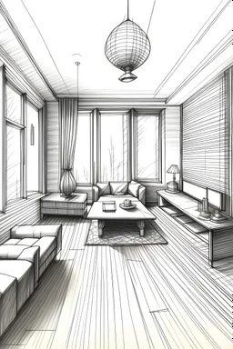 living room 4 point perspective hand drawn with pen shading
