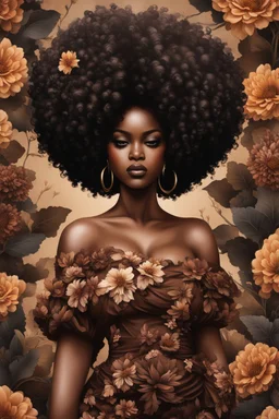 Create a urban art image of a curvy black female wearing a brown off the shoulder blouse, and she is looking down with Prominent makeup. Highly detailed tightly curly black afro. Background of large brown and black flowers surrounding her