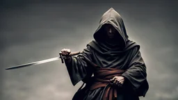 hooded monk armed with a sword