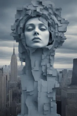surrealis monochrome A fragmented, surreal sculpture liguid blue color of photorealistic image 3d,psychedelic art glossy emerging from devilish a crumbling empire state building. The girl face appear and intricate details, evoking a haunting expression. set against a backdrop of stormy, cloud-filled skies. bauhaus art The overall tone is dark blue and moody, suggesting themes of decay and transformation.fine lines draw