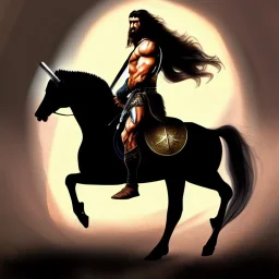 ultra detailed portrait of Conan the barbarian Riding a black horse, wearing armor and Sword, extremely detailed digital painting, extremely detailed face, in the style of robert e howard , mystical colors, rim light, beautiful lighting, 8k, stunning scene, raytracing,perfectly centered image, perfect composition