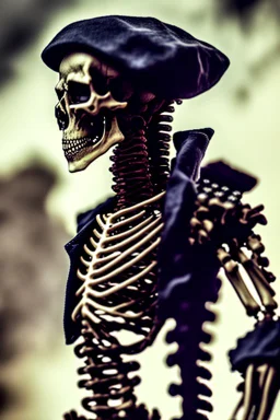 ultra high definition image of an attractive but scary looking skeleton, rising from the ashes, a war veteran, partially humanlike characteristics, army beret and ripped amo wear, very detailed, chaotic background, dramatic close-up action shot of him on a burned out war tanker with a torpedo on shoulder ready to fire and ammo ,gothic and dark theme, 12k