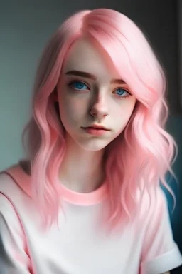 A teenager girl with pink hair and pink dress and white skin and blue eyes with soft, cute, light pink vibe