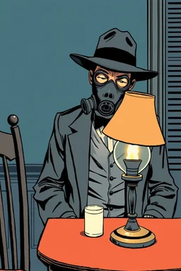a small table with lamp, with a man behind wearing a gas mask and wide brimmed flat top hat, elevated perspective, graphic novel
