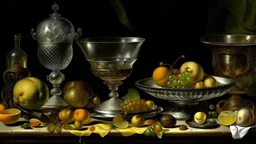 still life by willem claesz heda, overturned ornate chalice, avocados, surreal glass goblets, bread, olives, oysters, peeled lemons, linen, a house fly, silver platter, leftover meat pie,