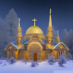 Greek Orthodox Church, decorated with intricate stone carvings, on a snowy night, golden crosses on tops, white light inside, many different color northern lights, Full Moon over Mountains, 10 second long exposure, highly detailed, ultra reallistic, oil on canvas, cinematic lighting, colourful,long exposure, good atmosphere, by Jacek Yerka, Thomas Kinkade, Caspar David Friedrich.