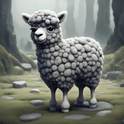 Bipedal creature resembling a Alpaca that is covered in grey stone with darker square swirls and a coating of mossy grass, masterpiece, best quality, in cartoon art style