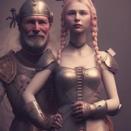 a cute smiling girl with her husband in medieval armor with a tattoo in her face, michelangelo style, steam punk, scary, horror, realistic, made in octane, cinematic, ultra-realistic, extremely detailed octane rendering, 8K, VRAY Super Real ar 2:3, dof photorealistic futuristic 50mm lens hard lighting dark gray tintype photograph, realistic lighting, sephia colors