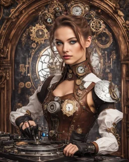 Front view half body gorgeous Realistic Photography beautiful super model Russian as playing Dj player with body full steampunk Victorian cyborg realistic beautiful woman hyper detailed