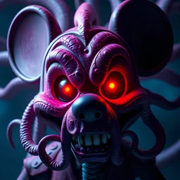 cosmic horror mickey horrorcore, old gods, Cthulhu inspired, produced by disney, scary, photorealistic, vray, highly detailed, meticulous, reds, purples, blues, burning eyes, face framed up for opening mickey mouse club