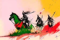 Hun Arrow Crossers on horseback, scorched earth, thunderstorm, red, white, green watercolor and ink