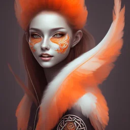 A beautiful portrait of a cute woman orange color scheme, high key lighting, volumetric light high details with white stripes and feathers and celtic paterns, animal skin-color-grey-jacket, long-sharp-teeth-front of vampire, cute smile