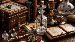 generate me an aesthetic image of perfume for Perfume Bottles with Antique Keys and Books