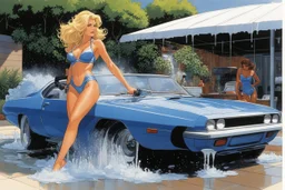 (in the style of Orion, by Masamune Shirow) a blonde woman in swimsuit washing one sport car in california "Carwash" (The Dick Emery Hour, 1980) The garden hose is coiled up, water and dish soap spread all over her