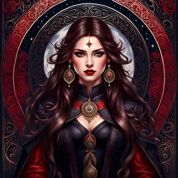 A (((young woman with long brown hair))), captured in a (((fantasy setting))) with a dark color palette, dominated by (((black))) and (((red))), intricate patterns and ornate designs incorporating elements like stars, moons, and swirling spirals. Her attire is sleek and (((leather))), with (((red eyes))), a (((smirk))) that implies both confident arrogance and an air of malevolent power. The overall aesthetic radiates an otherworldly quality, as if set against a (battleground)