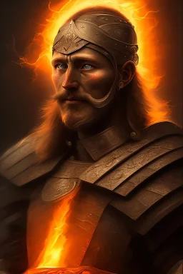 Fire theme art, Dark moody night atmosphere, Portrait of a warrior man by Michelangelo, 8K, close-up face, anatomically perfect face, wounded, lost, alone