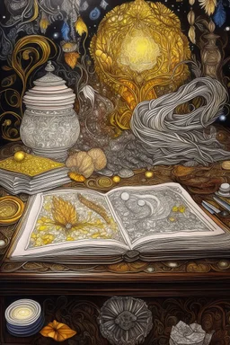 brown silver background,sparkles,drawing gel pens+markers;white glow;very colourful;lots of details, elements;hyperreal; hyperdetailed;botanic art;octane rendering;HDR+;digital art;fine contour;ink drawing;filigree;128k;maximum image quality ivory opal yellow,Huge ultradetailed old chic library with old filigree magic books,wise bird librarian sits at the entrance and welcomes guests,mysticism, magic,mystery,Vintagechandeliers, tables,chairs, candlestic