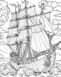 Pirate Ship Adventure: Design a coloring page showcasing a majestic pirate ship sailing through rough seas. Include elements like billowing sails, Jolly Roger flag, and crashing waves for an exciting coloring challenge.