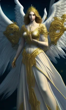 Angel with big wings and golden crown floating above the ground in the dark, michelangelo style, detailed, world of warcraft style