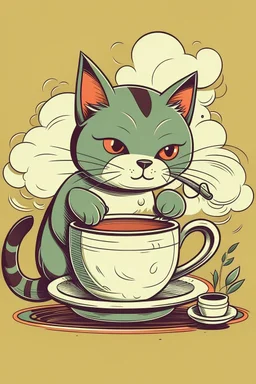 Cat brewing tea cute retro