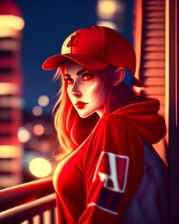 woman with a red baseball hat. leaning on a wooden balcony. night time. anime. studio lightining.