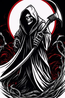 hooded Grim-Reaper gripping scythe, vignette, black and white graphic novel style with a red outline, and black background,