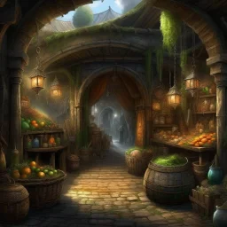 The age old entrance portal to a market for magical items. Magical, Epic. Dramatic, highly detailed, digital painting, masterpiece, lord of the rings, the hobbit