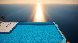 majestic infinity pool merging seamlessly with the ocean horizon, impossibly crystal blue water surface reflecting the sky like a perfect mirror, creating the illusion of swimming between two atmospheres, minimalist white marble platform appearing to float above the cliff, tiny human figures at the edge adding dramatic scale to the immensity, sunbeams piercing the water creating hypnotic light patterns in the background, solitary palm trees casting elongated shadows at sunset, ultra-modern archi