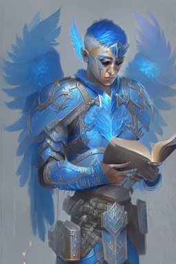 a person in runic armor with blue wings, blue short hair and spell book