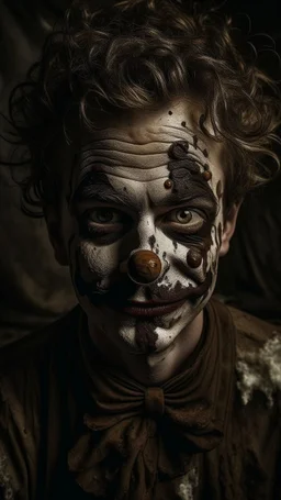 Texture made of coffee powder and dirt of a clown has bad painting of dark brown color on his face