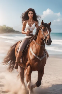 Social media influencer. Hyper realistic. Brunette. Brown eyes. Exotic. Athletic. Glamorous. Riding horse on the beach.