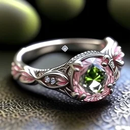 pink gemstone center stone engagement ring w/ floral designs and diamond accents: elven