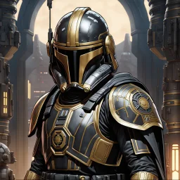 star wars bald male corellian pilot wearing pearlescent black and gunmetal grey First Order special forces heavy assault stealth commando armor and helmet with gold trim inside the jedi temple, hyperdetailed, dynamic lighting, hyperdetailed background, 8k resolution, volumetric lighting, light skin, fully symmetric details