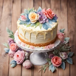 round buttercream cake with floral decoration on wooden background.watercolor,trend on Artstation,sharp focus,studio photo, intricate details,highly detailed