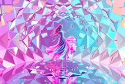very complex structure ,pretty color environment 3d diamond recursive animating beveled geometric base very complex structure emiting mirror bubbles that broke, goddess lady in a pretty cleric dress comes out dancing gracefully , viberating color moving very in modern city escape environment while camera tracking it.