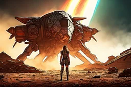 Beautiful girl with rainbow eyes, tribal warrior, strong, resilient, defiant, full body, with family of 5 beside her, defending, Masterpiece, best quality, cinematic lighting, futuristic, standing in front of crashed spaceship, tough stance.