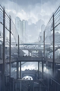 View from the bridge, three high-rise buildings, roofs of high-rise buildings in the clouds, small buildings around, fog, cloudy, gray tones, rain, railway under the bridge, rear view of a girl, black raincoat, red hair, long hair, bare legs, white socks