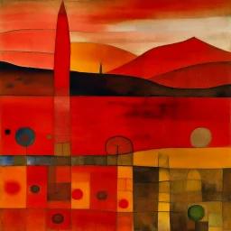 A red fiery badlands painted by Paul Klee