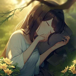 anime girl sleeping in a far away distance. field of flowers. trees are in the distance. girl is sleeping underneath a willow tree in the distance, picture is not upclose, looking at the girl who is far away in the distance